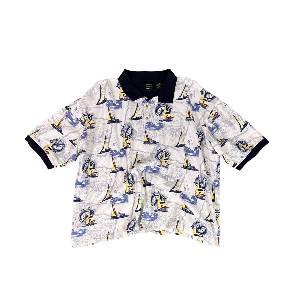 90s Cotton Traders Sport XXL Sailing Boat Print Polo Shirt‎ Nautical Patriot VTG